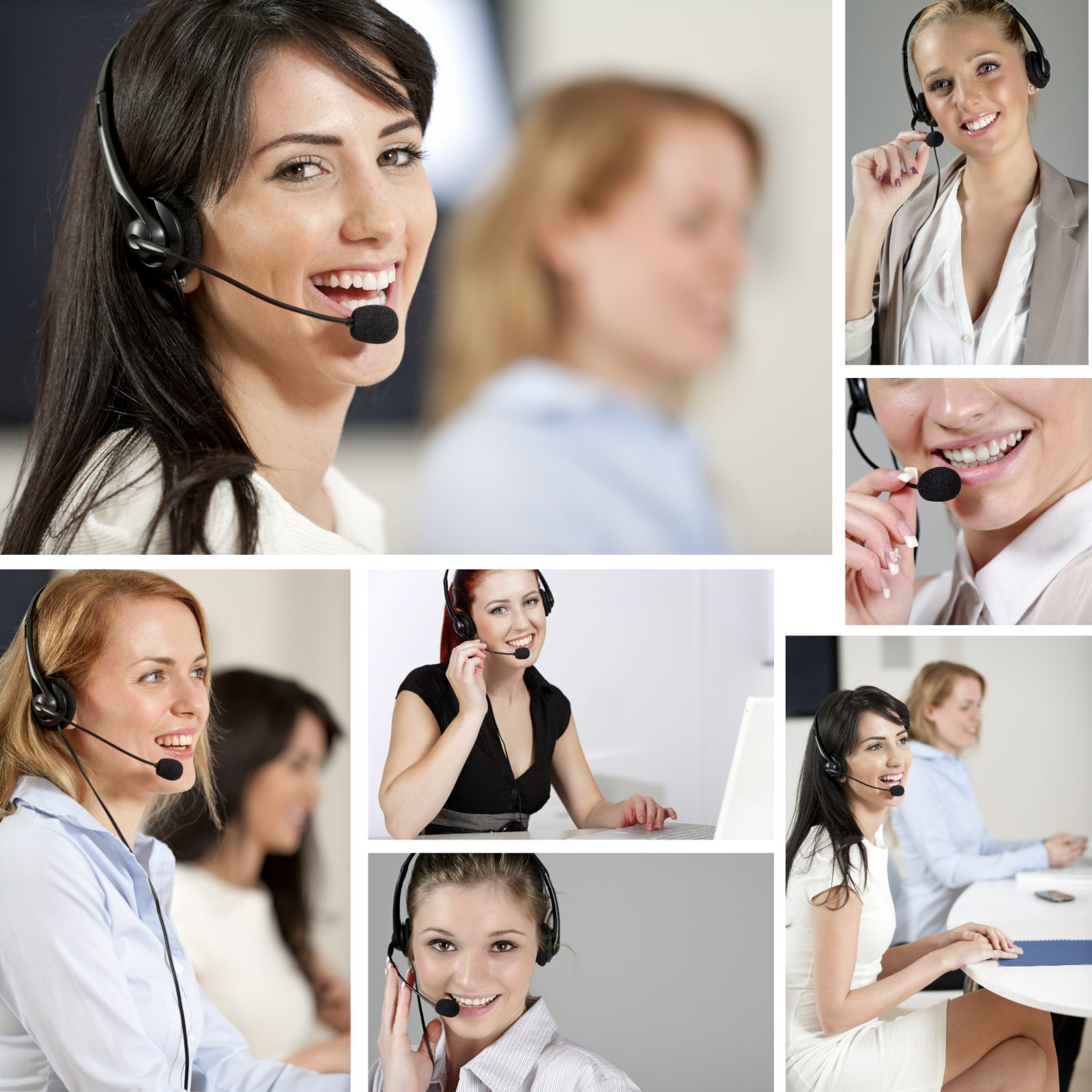 Collage of seven customer-support professionals wearing headsets